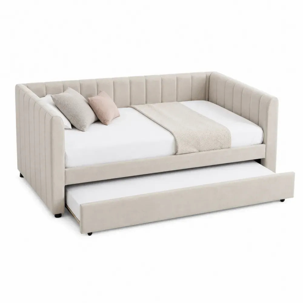 Cama nido diván tapizado en poliéster beige con cama extraíble y base de almacenamiento