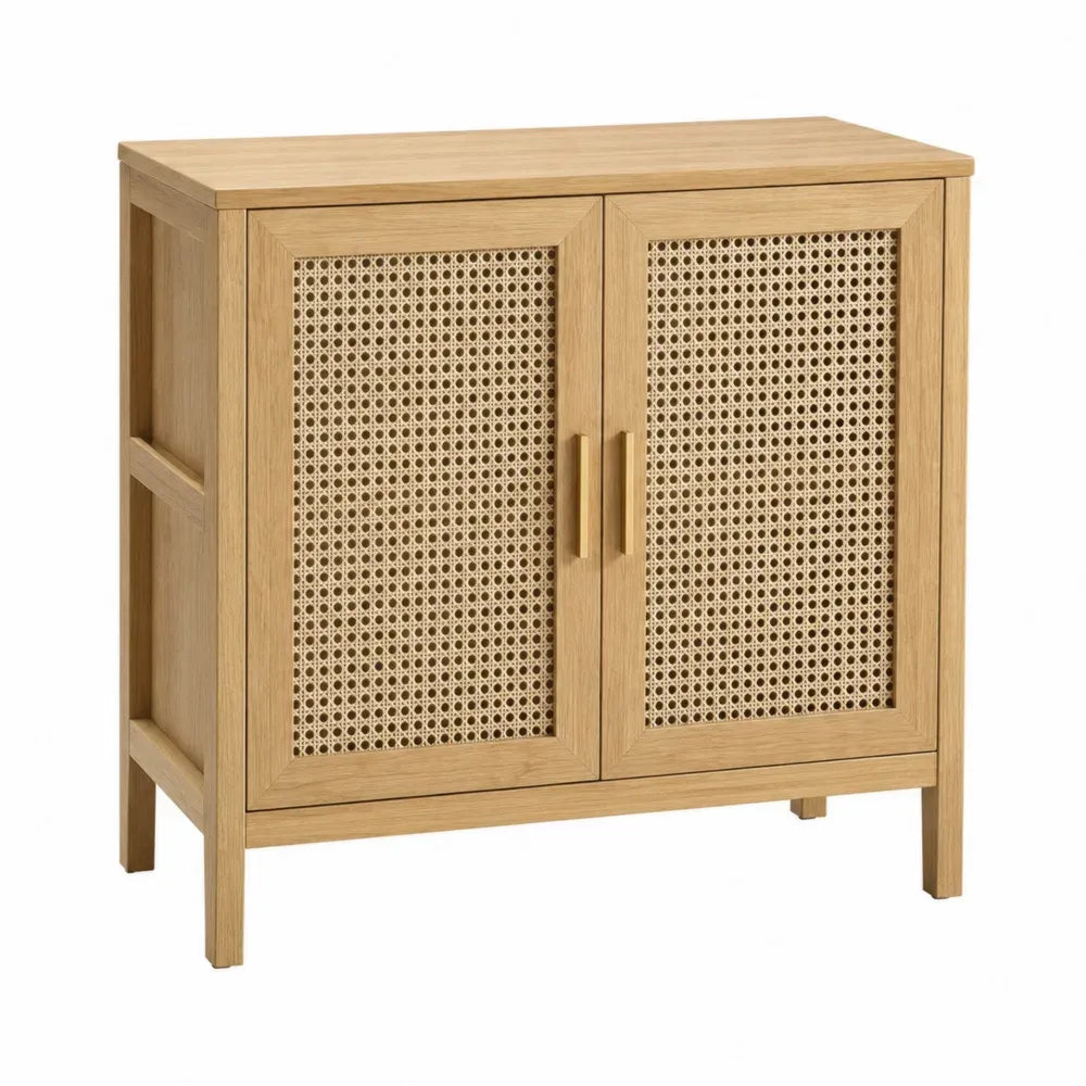 Aparador de almacenamiento MDF roble natural 80x30x80 cm con 2 puertas y panel de ratán
