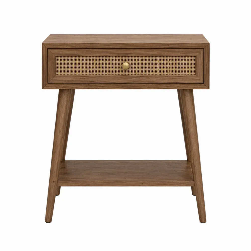 Mesita de noche rectangular de madera con 1 cajón de ratán y estante inferior en acabado nogal 55 x 40 x 60 cm