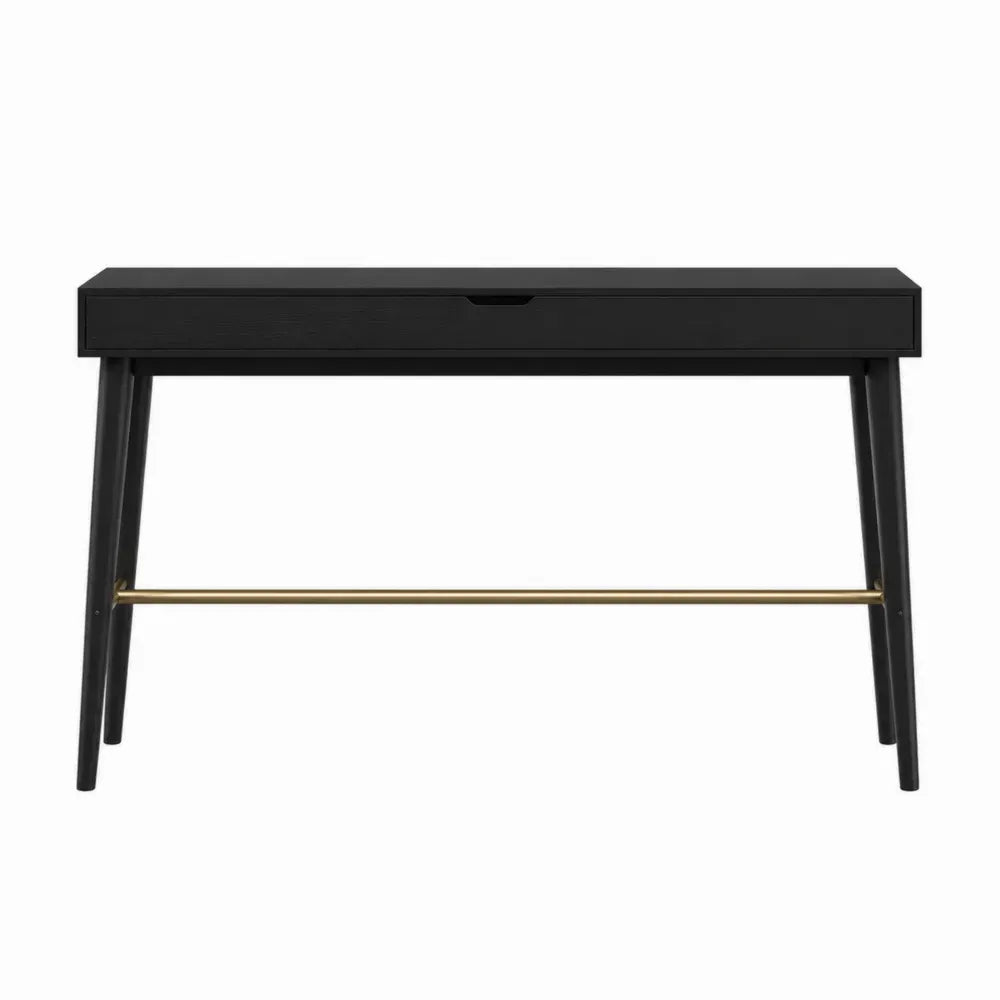 Mesa consola de entrada de MDF negro con 1 cajón y estructura metálica con barra dorada 110 x 35 x 75 cm