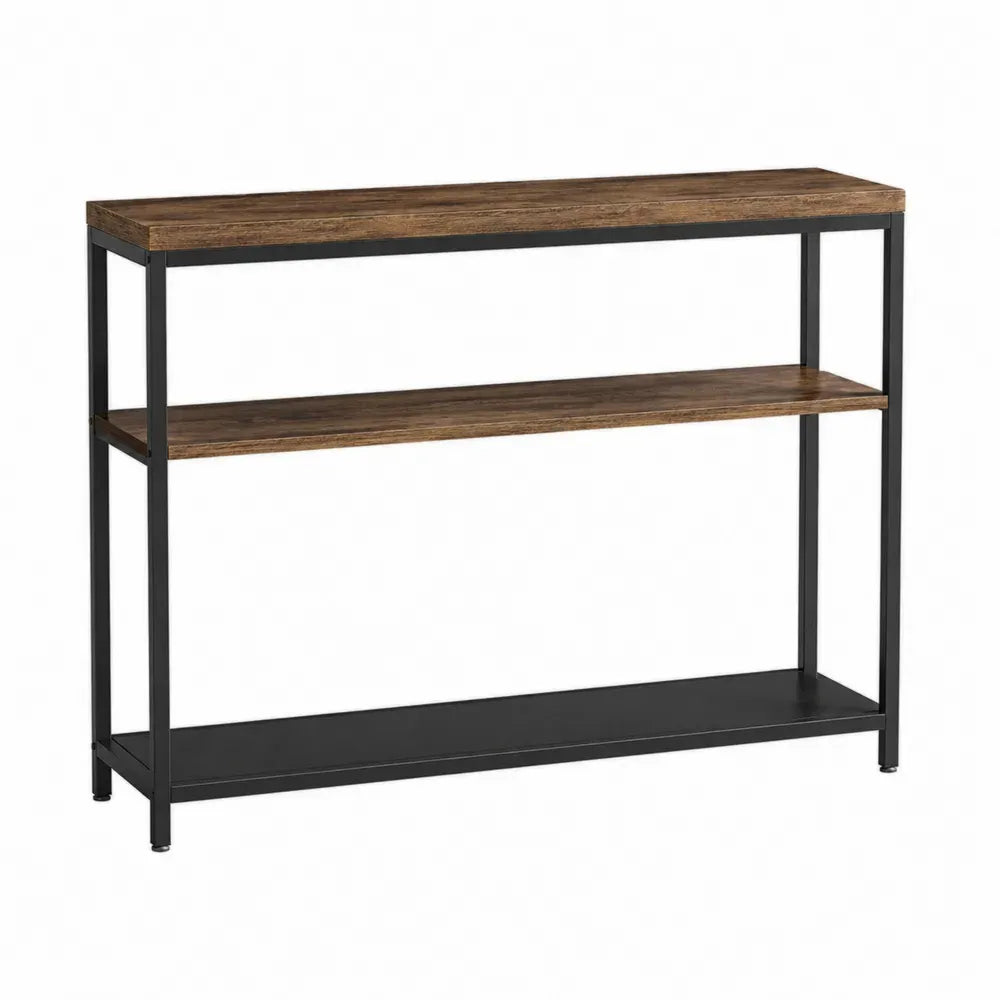 Mesa consola rectangular de tablero de partículas efecto madera marrón con estructura de acero negro y 3 estantes 120 x 35 x 80 cm