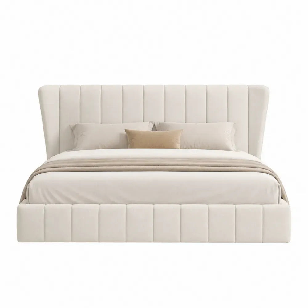 Cama tapizada doble con cabecero acolchado beige crema estilo moderno para colchón doble
