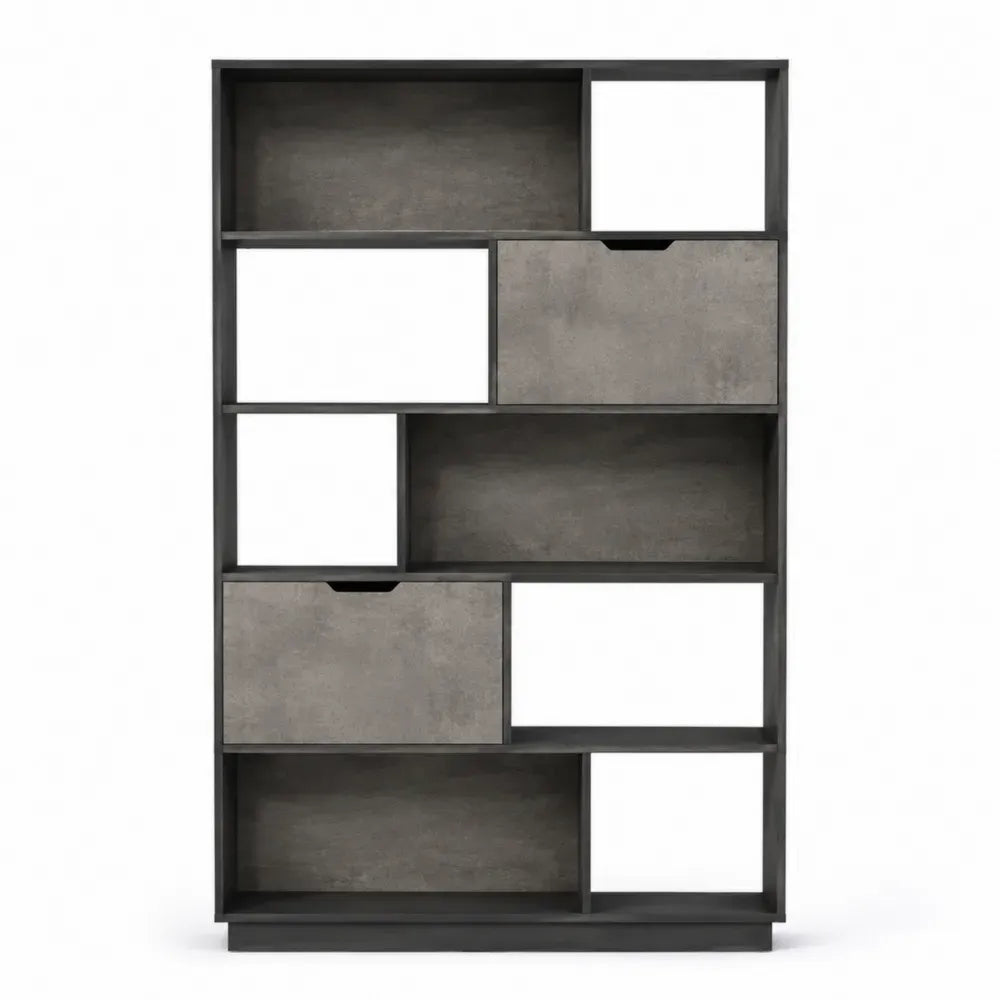 Librería estantería asimétrica con 2 cajones tablero de partículas melamina negro gris hormigón 80 cm x 30 cm x 180 cm