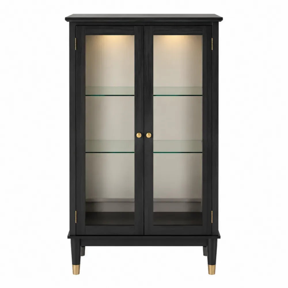 Vitrina aparador de MDF negro con puertas de vidrio templado estantes interiores e iluminación LED 80 x 35 x 120 cm