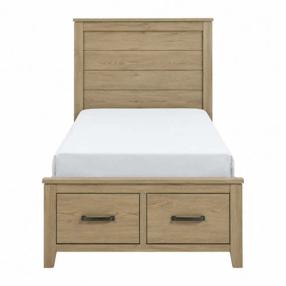 Cama individual con almacenaje y 2 cajones de tablero melaminado roble claro y tiradores negros para colchón 90 x 190 cm 102 x 200 x 118 cm