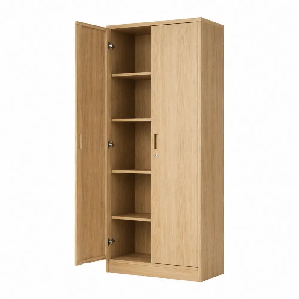 Armario de almacenamiento de MDF acabado roble natural con 2 puertas abatibles estantes interiores y cerradura 80 x 40 x 180 cm