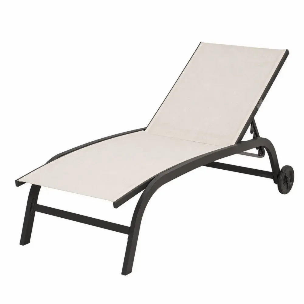 Tumbona de exterior reclinable con ruedas estructura de aluminio negro textileno beige 190 x 65 x 95 cm