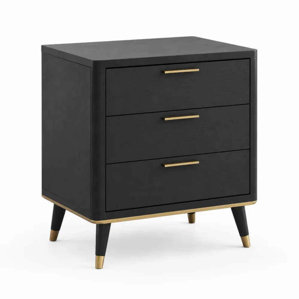 Mesita de noche rectangular con 3 cajones de MDF chapado en fresno negro y tiradores de latón 60 x 40 x 65 cm