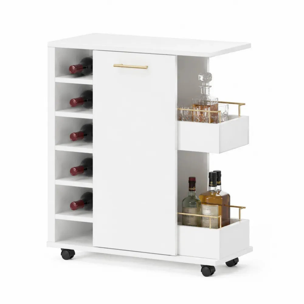 Carrito de bar con ruedas de MDF rectangular blanco 80 x 40 x 90 cm con botellero lateral y estantes laterales