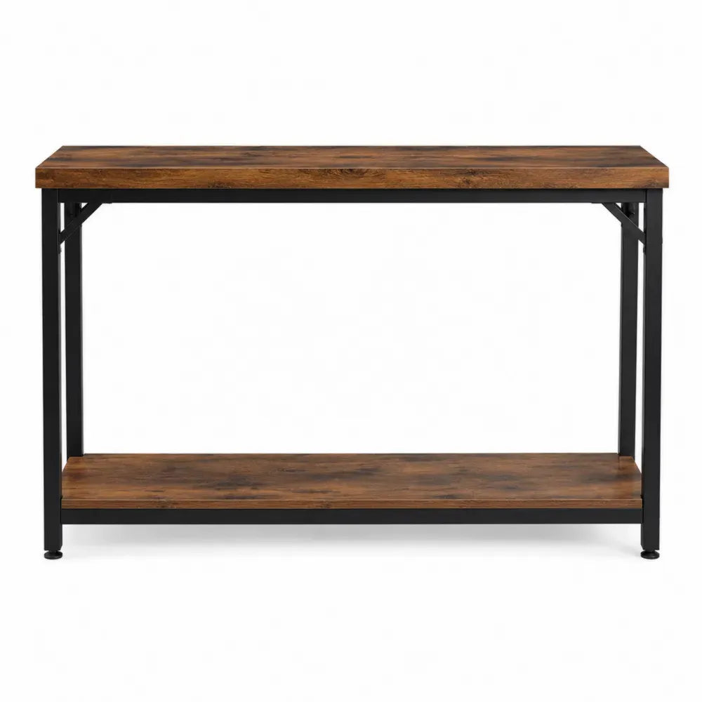 Mesa consola de madera efecto nogal 120x30x80 cm con estructura metálica negra y estante inferior
