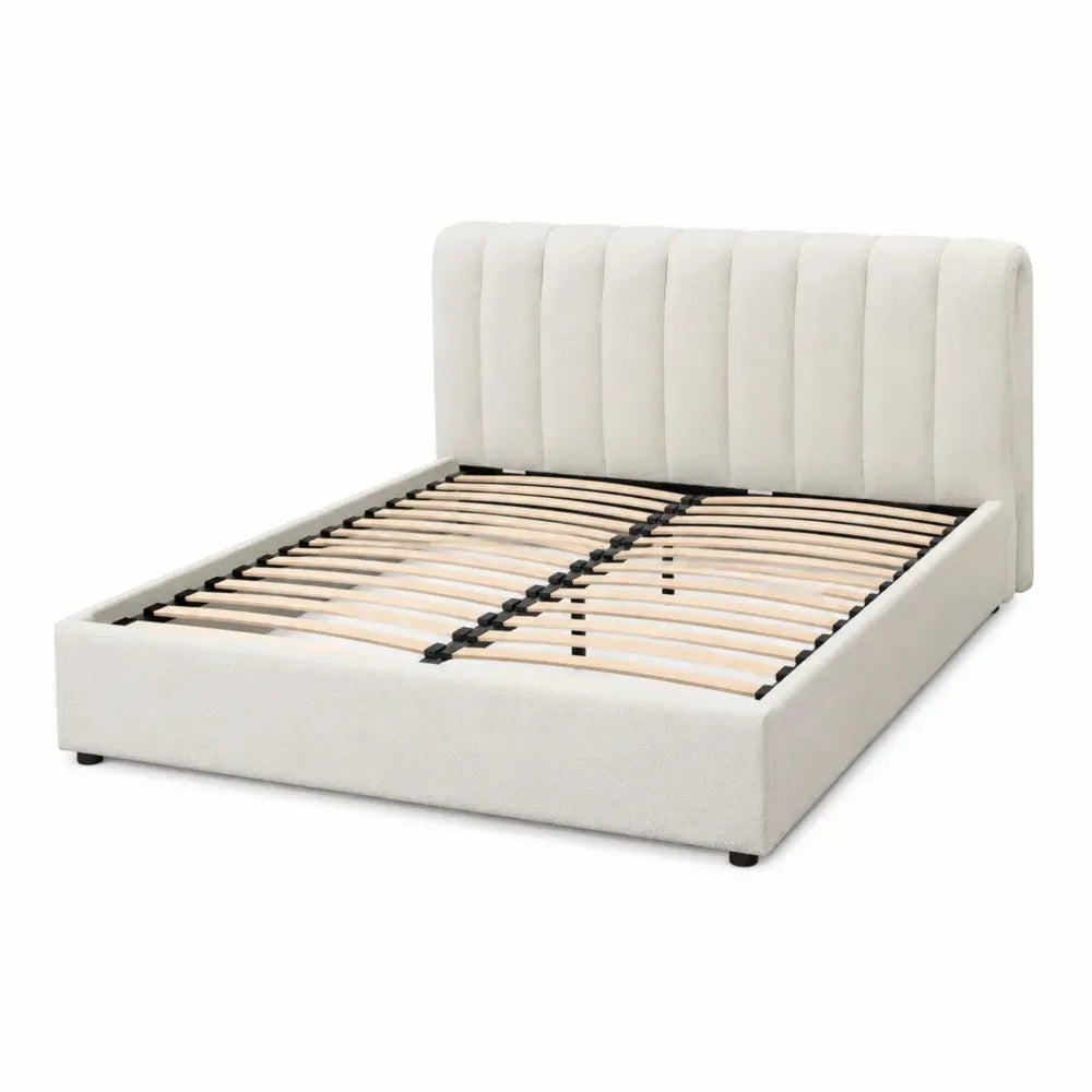 Cama doble tapizada beige crema con cabecero alto acanalado y somier de láminas para colchón 150 x 200 cm 211 x 160 x 110 cm