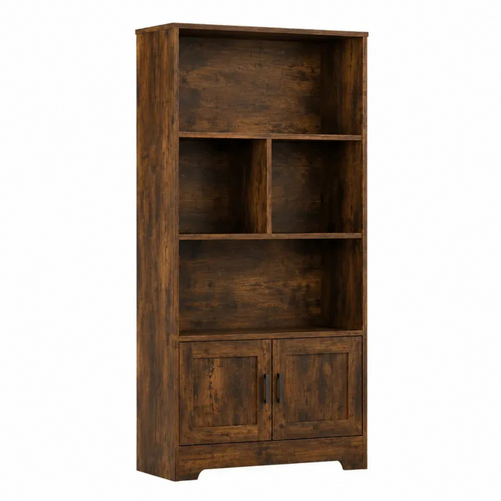 Librería estantería de oficina 80 x 35 x 180 cm madera efecto nogal oscuro con 3 estantes abiertos y armario inferior de 2 puertas