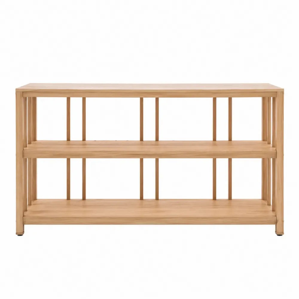 Mesa consola de salón de madera efecto roble natural con estantes abiertos estructura rectangular