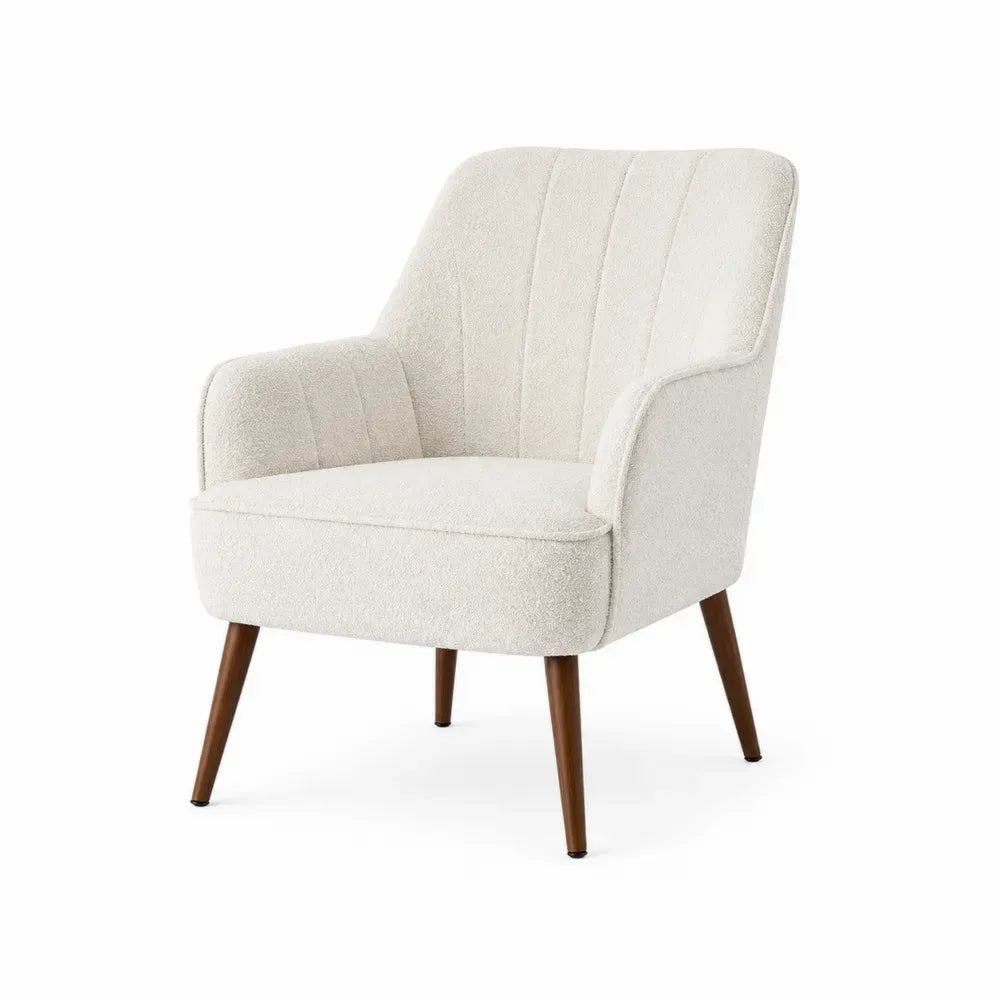 Sillón butaca de poliéster bouclé beige con respaldo curvo y patas de madera marrón 78 x 75 x 80 cm