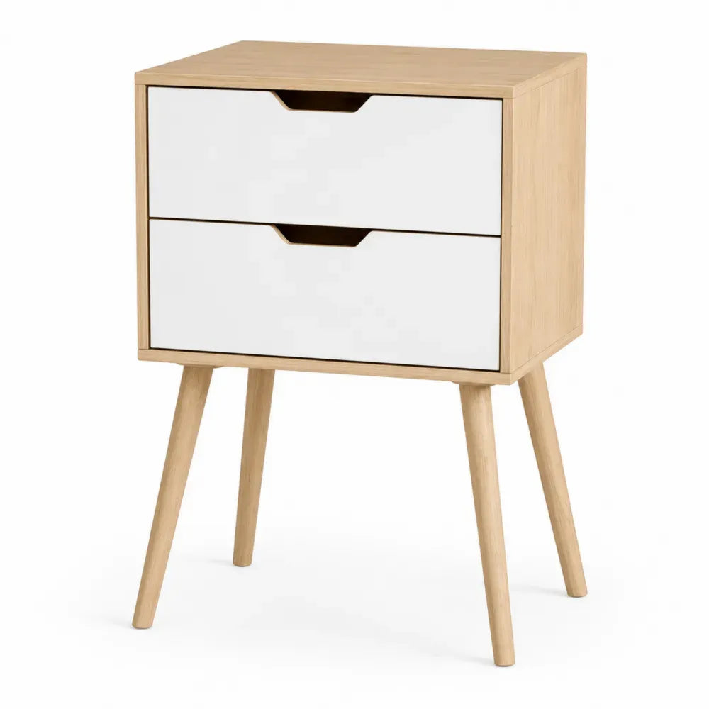 Mesita de noche rectangular con 2 cajones de MDF chapado en roble y blanco 50 x 40 x 65 cm