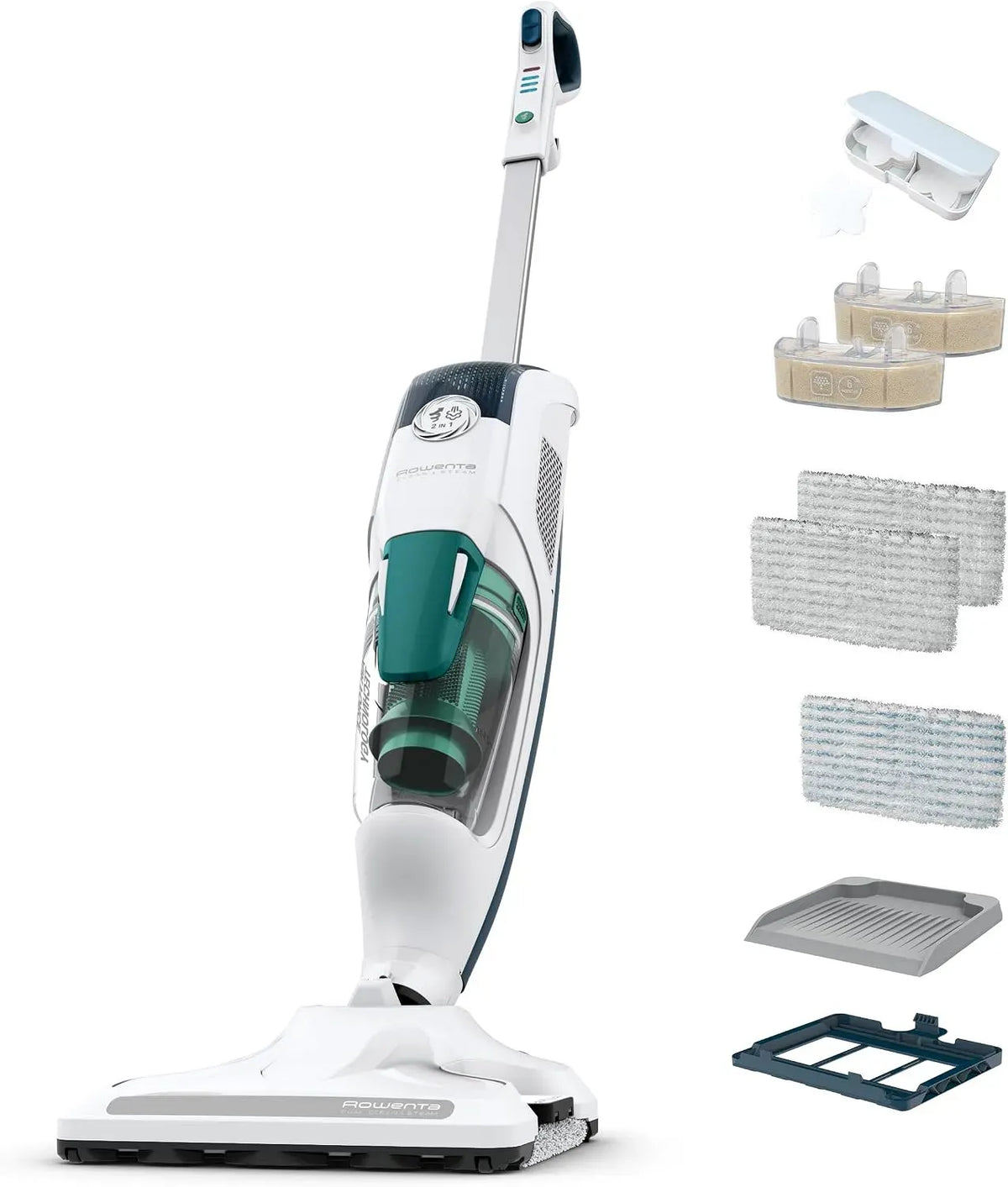 Rowenta 2-en-1-7757w Nettoyeur vapeur, 7757 W, usage sur sols, cuisine, voiture, vitres et canapé, 9% des bactéries sans détergent, Élimine 99