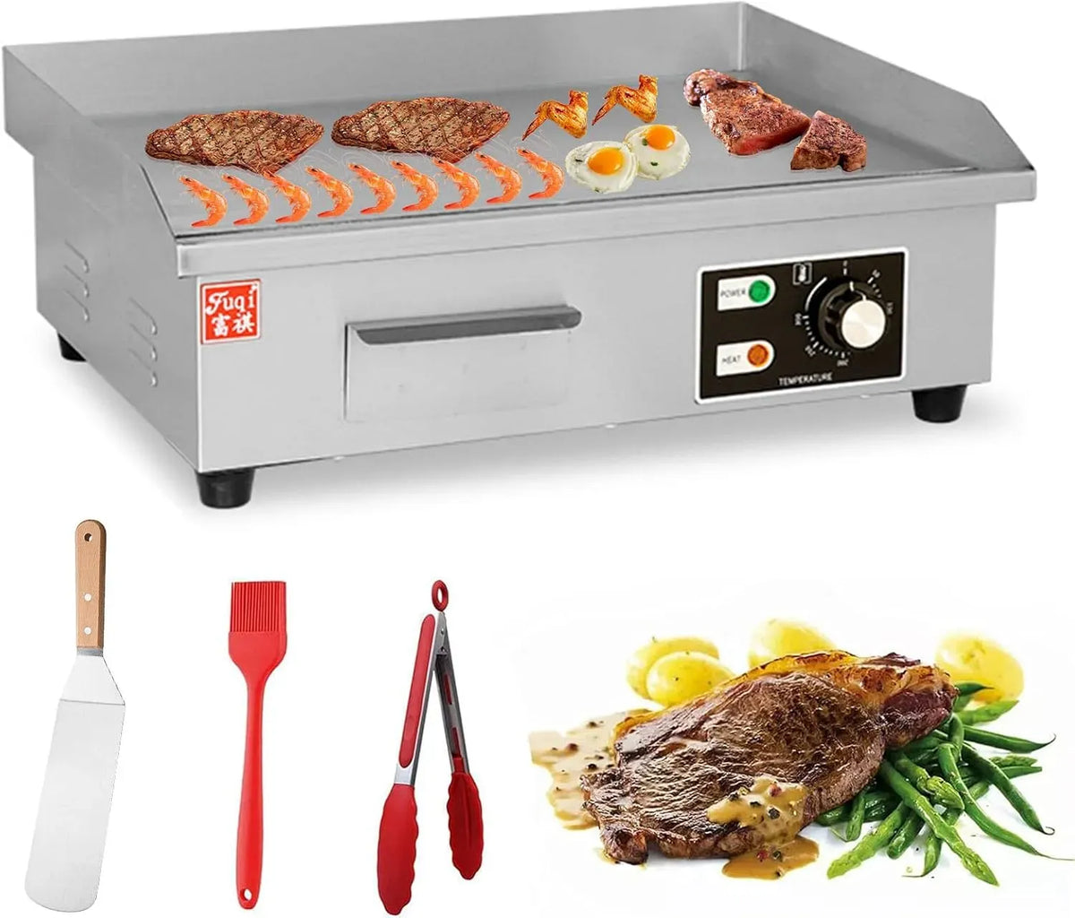 Plaque de cuisson, 55 × 35Cm, 1600 W, 50 à 300 °C, 110 V, gril, thermostat, professionnel, acier inoxydable
