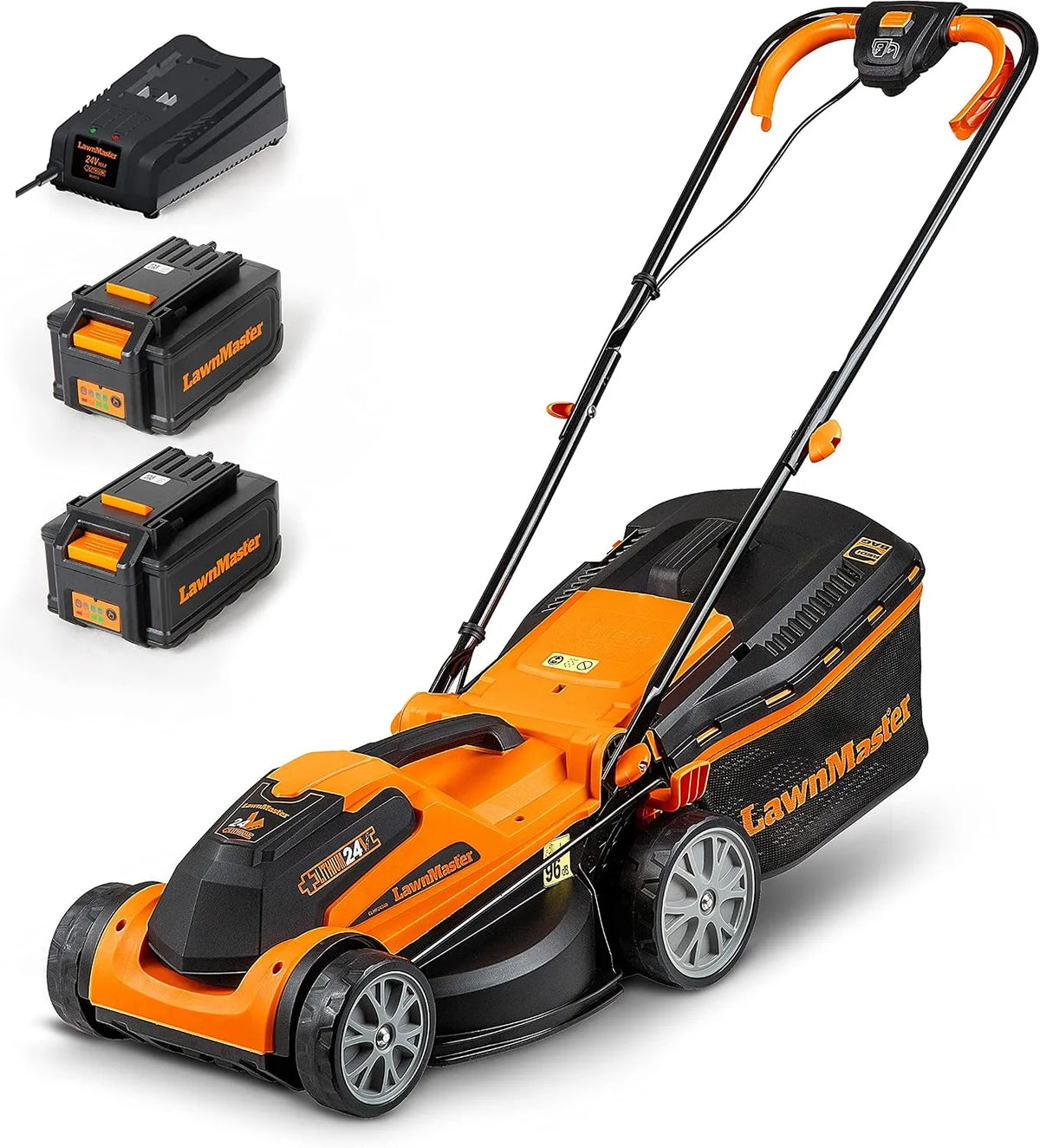 pour 300m², 2 Batteries, LawnMaster Tondeuse sans Fil 24V 34cm
