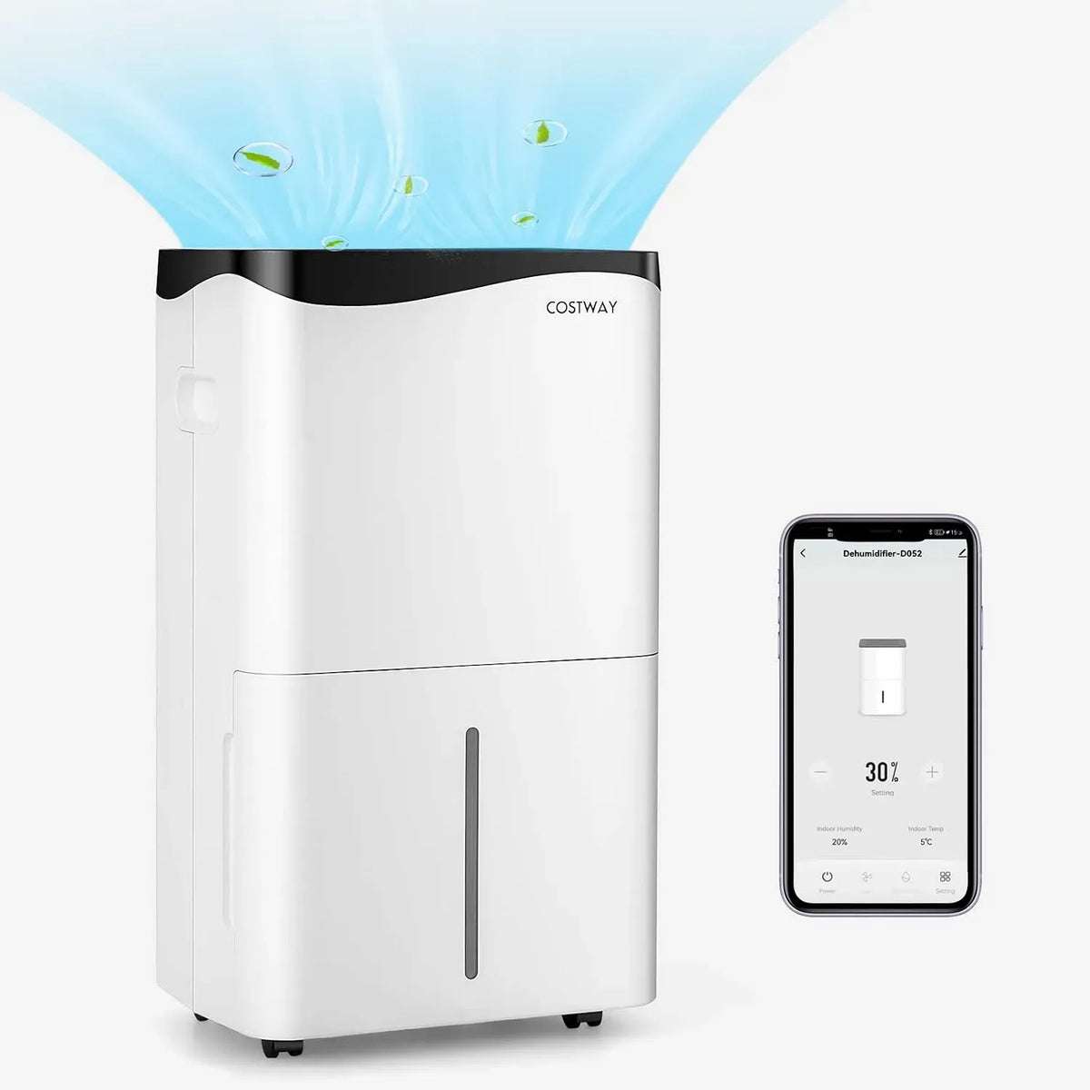 Déshumidificateur, 5 L, COSTWAY 50L/Jour 24H, portable, minuteur, Wi-Fi, grand réservoir, 2 Vitesses de Ventilation Minuterie 4 Modes Contrôle WiFi