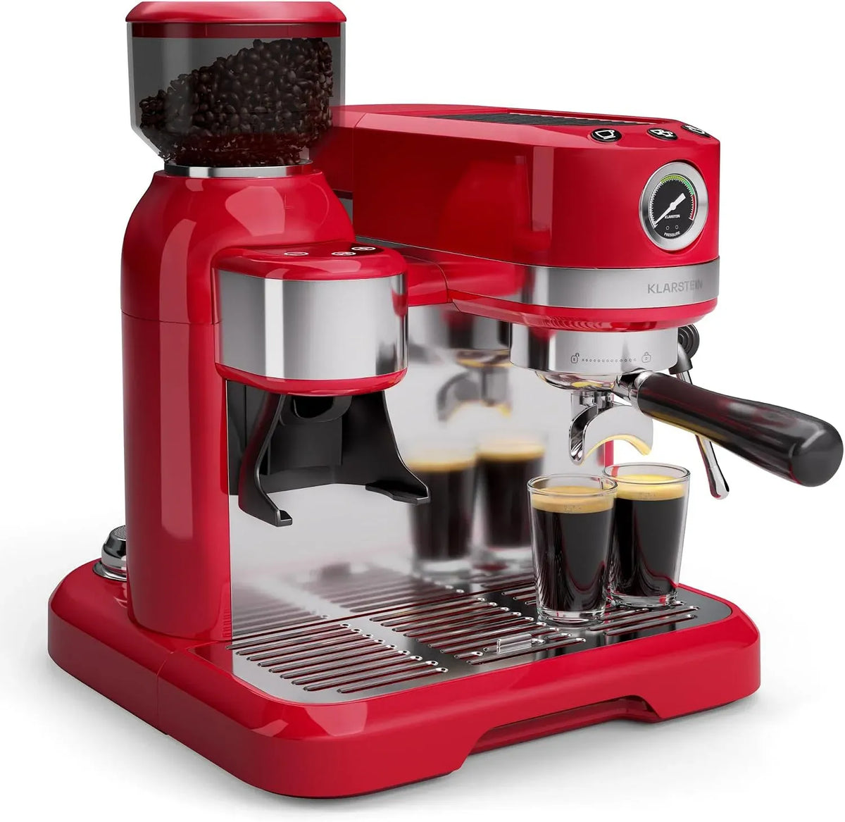 Klarstein Mousseur à lait, 1,4 L, 1550 W, émulsionneur à lait, grand réservoir, rouge, 19 bars, broyeur intégré 200 g, Inserts Pour 2 Tasses