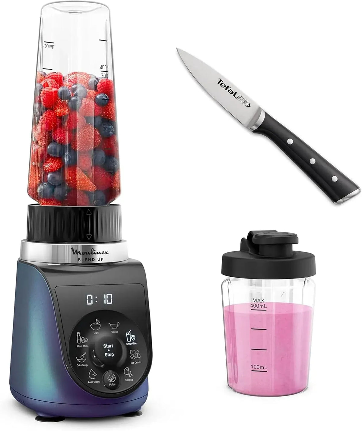 Moulinex LM19H4F0 K2320514 Blender, 1000 W, 8 programmes, Glace pilée & Tefal Ice Force Couteau à éplucher 9 cm, 8 programmes automatiques