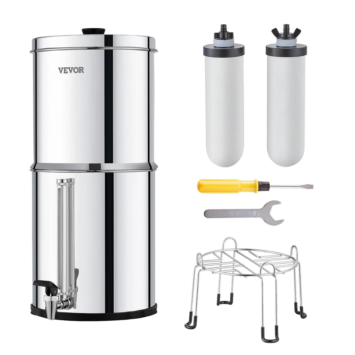 VEVOR Robinet de cuisine, 8,5 L, acier inoxydable, Système de Filtration d'Eau par Gravité 8,5 L, en Inox 304, 2 Filtres à Charbon et Céramique
