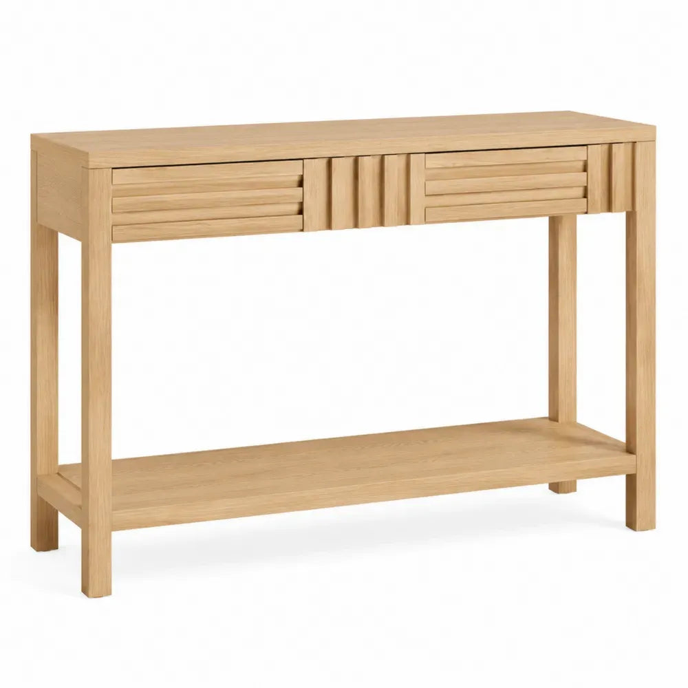 Aparador consola de madera natural con 2 cajones y estante inferior 120 x 35 x 80 cm