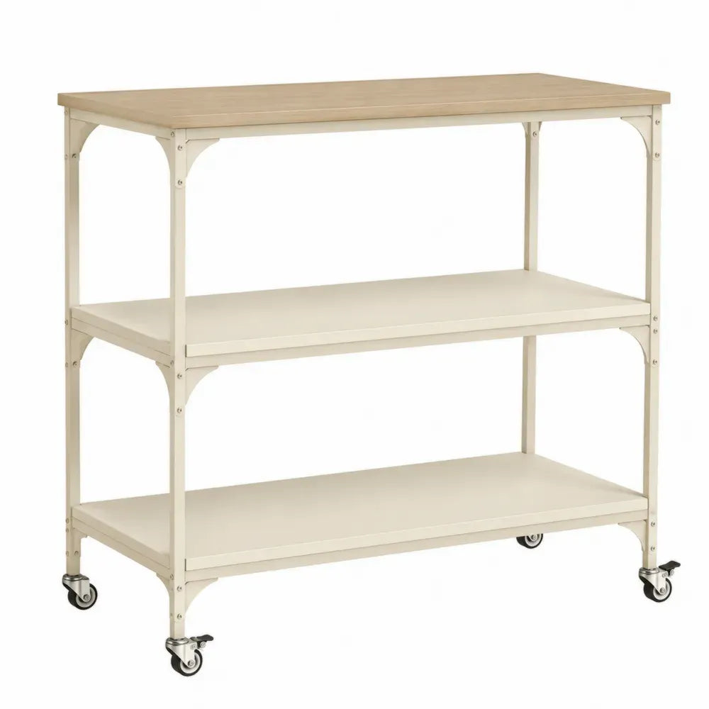 Carrito de bar con ruedas 3 niveles MDF melamina roble claro acero crema 110x40x90 cm