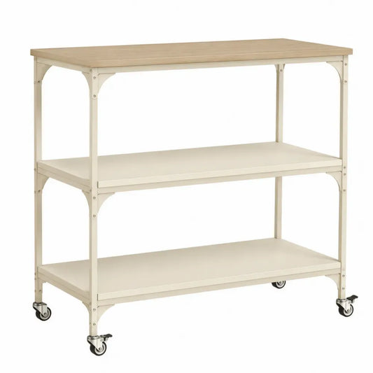 Carrito de bar con ruedas 3 niveles MDF melamina roble claro acero crema 110x40x90 cm