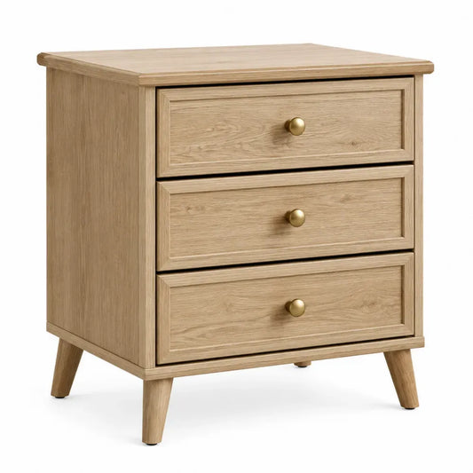 Mesita de noche con 3 cajones de madera efecto roble natural con tiradores dorados 60 x 40 x 65 cm