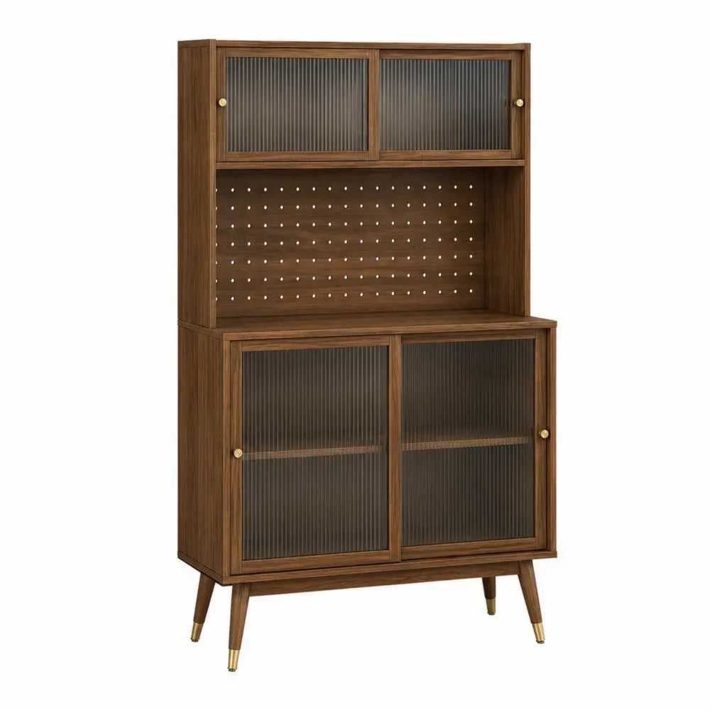 Armario de almacenamiento alto de MDF chapado en nogal marrón con 4 puertas de vidrio acanalado gris y tiradores dorados 80 x 35 x 170 cm