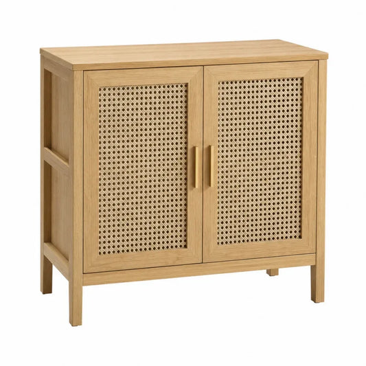 Aparador de almacenamiento MDF roble natural 80x30x80 cm con 2 puertas y panel de ratán