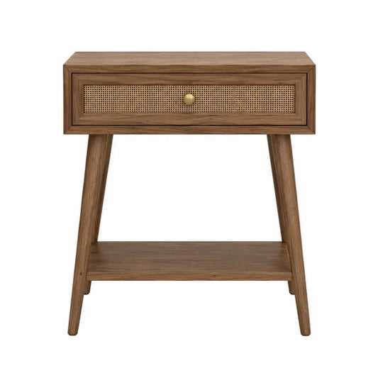 Mesita de noche rectangular de madera con 1 cajón de ratán y estante inferior en acabado nogal 55 x 40 x 60 cm