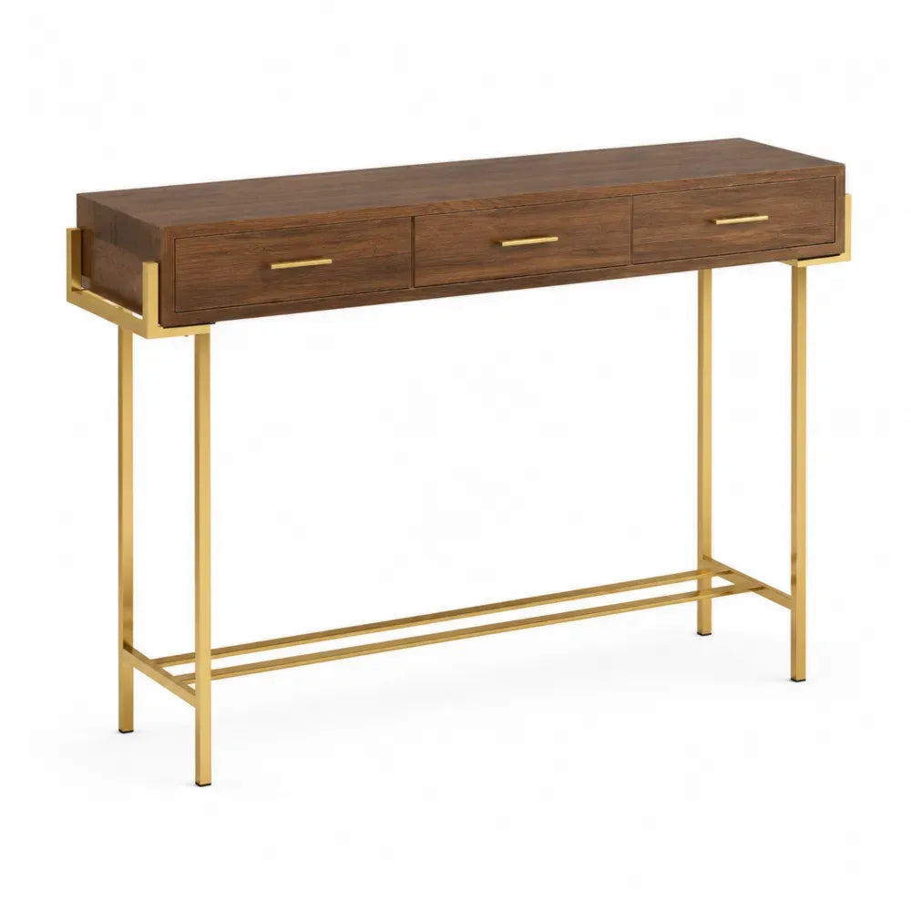 Mesa consola rectangular de MDF efecto nogal con 3 cajones y estructura de acero dorado 120 x 35 x 80 cm
