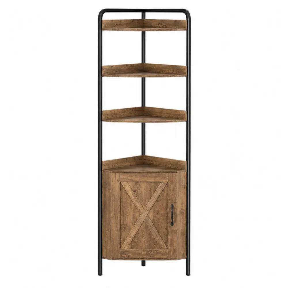 Estantería rinconera con armario 4 niveles acero tablero de partículas melamina roble rústico negro 45 cm x 45 cm x 170 cm