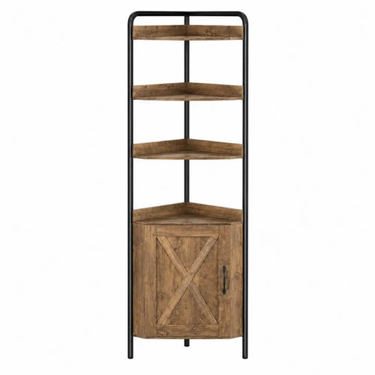 Estantería rinconera con armario 4 niveles acero tablero de partículas melamina roble rústico negro 45 cm x 45 cm x 170 cm