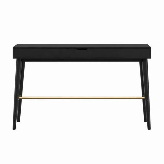 Mesa consola de entrada de MDF negro con 1 cajón y estructura metálica con barra dorada 110 x 35 x 75 cm