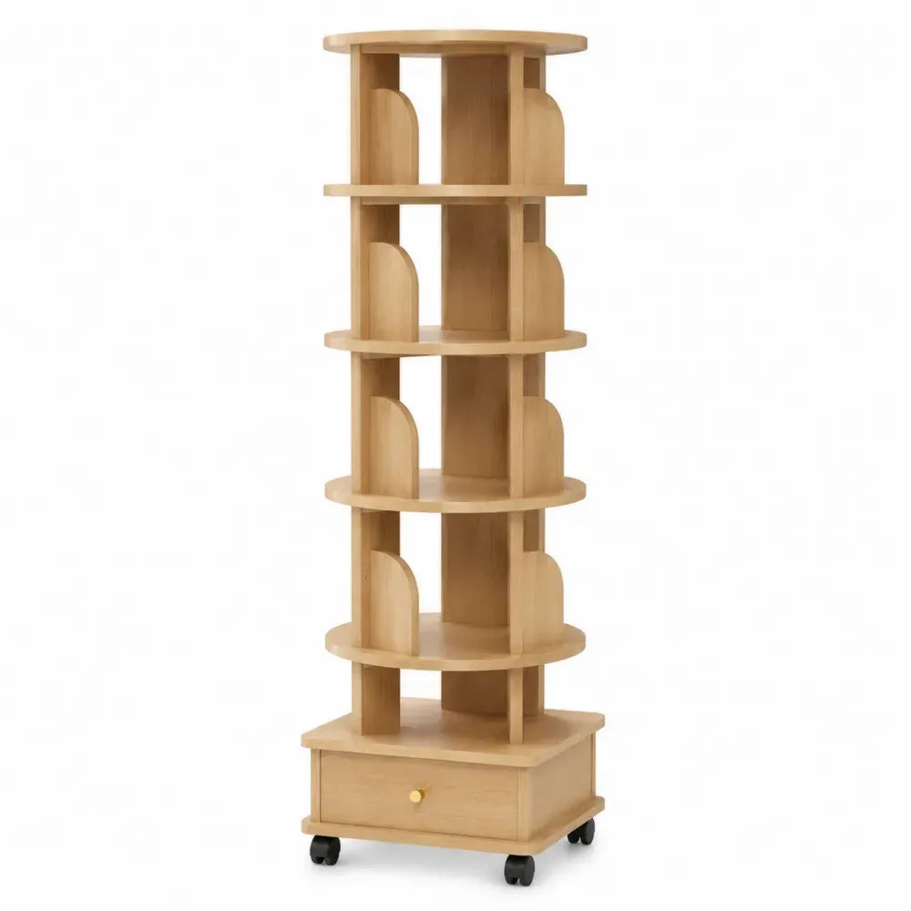 Librería estantería giratoria tipo torre de 5 niveles con ruedas y cajón MDF melamina roble claro 40 x 40 x 158 cm