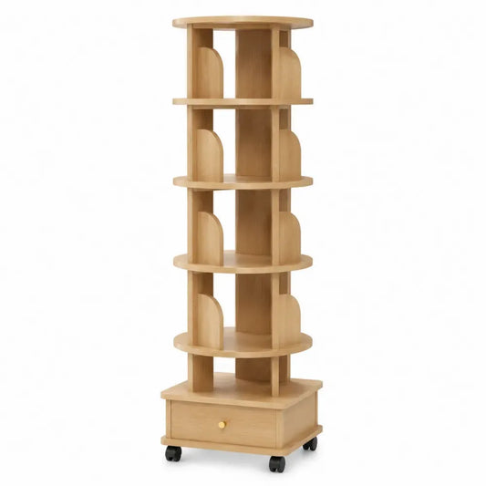 Librería estantería giratoria tipo torre de 5 niveles con ruedas y cajón MDF melamina roble claro 40 x 40 x 158 cm