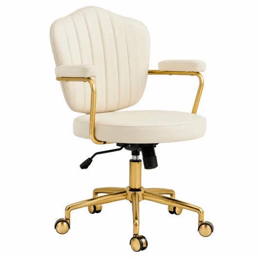 Silla de oficina giratoria ajustable de PU blanco crema con base dorada y ruedas 60 x 62 x 84-94 cm