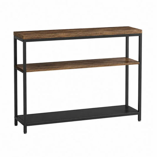 Mesa consola rectangular de tablero de partículas efecto madera marrón con estructura de acero negro y 3 estantes 120 x 35 x 80 cm