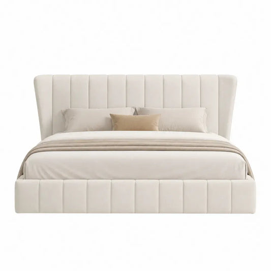 Cama tapizada doble con cabecero acolchado beige crema estilo moderno para colchón doble