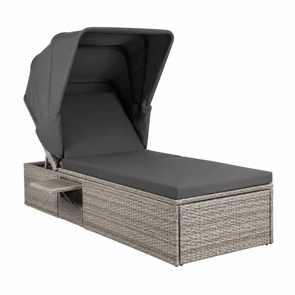 Tumbona de exterior rectangular con dosel abatible de ratán PE gris y cojín gris oscuro 200x70x135 cm