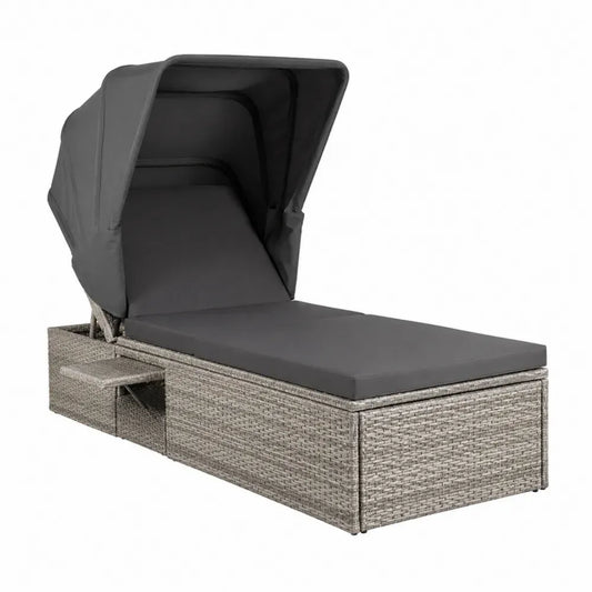 Tumbona de exterior rectangular con dosel abatible de ratán PE gris y cojín gris oscuro 200x70x135 cm