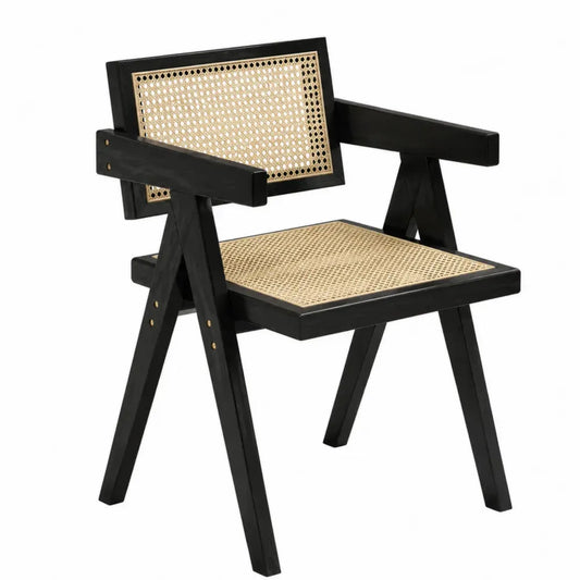 Silla de comedor de madera maciza negra con asiento y respaldo de ratán natural tejido 55 x 55 x 80 cm negro natural