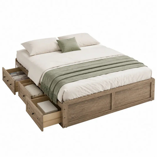 Cama doble con almacenaje 160 x 200 cm 166 x 206 x 45 cm tablero melaminado efecto roble claro con 3 cajones laterales