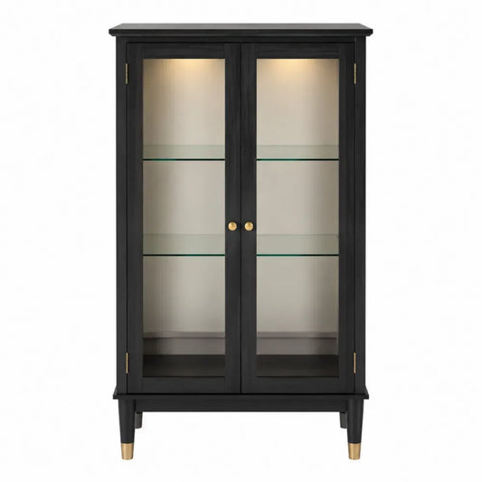 Vitrina aparador de MDF negro con puertas de vidrio templado estantes interiores e iluminación LED 80 x 35 x 120 cm
