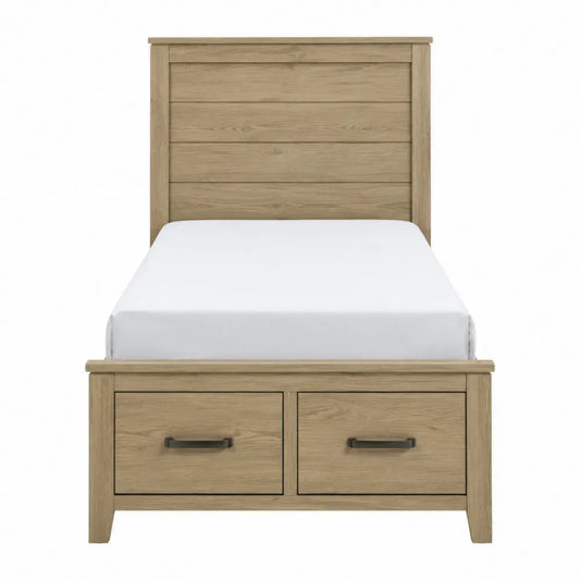 Cama individual con almacenaje y 2 cajones de tablero melaminado roble claro y tiradores negros para colchón 90 x 190 cm 102 x 200 x 118 cm