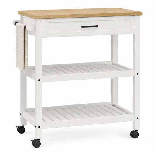 Carrito auxiliar de cocina rectangular con ruedas MDF blanco encimera madera de caucho 80x40x86 cm con cajón y 2 estantes