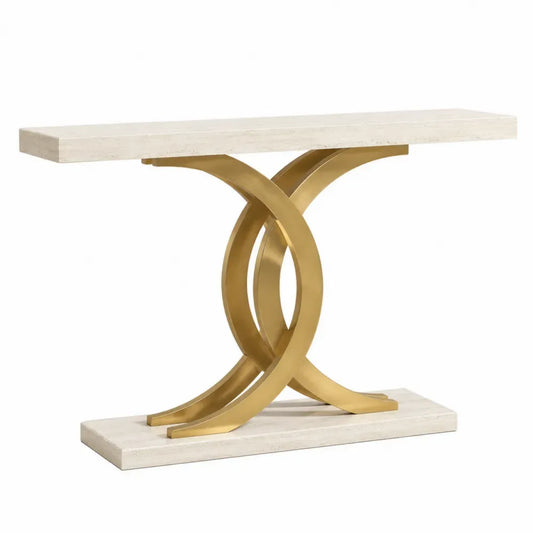 Mesa consola rectangular de MDF efecto mármol blanco crema con base metálica curva dorada 120 x 35 x 80 cm